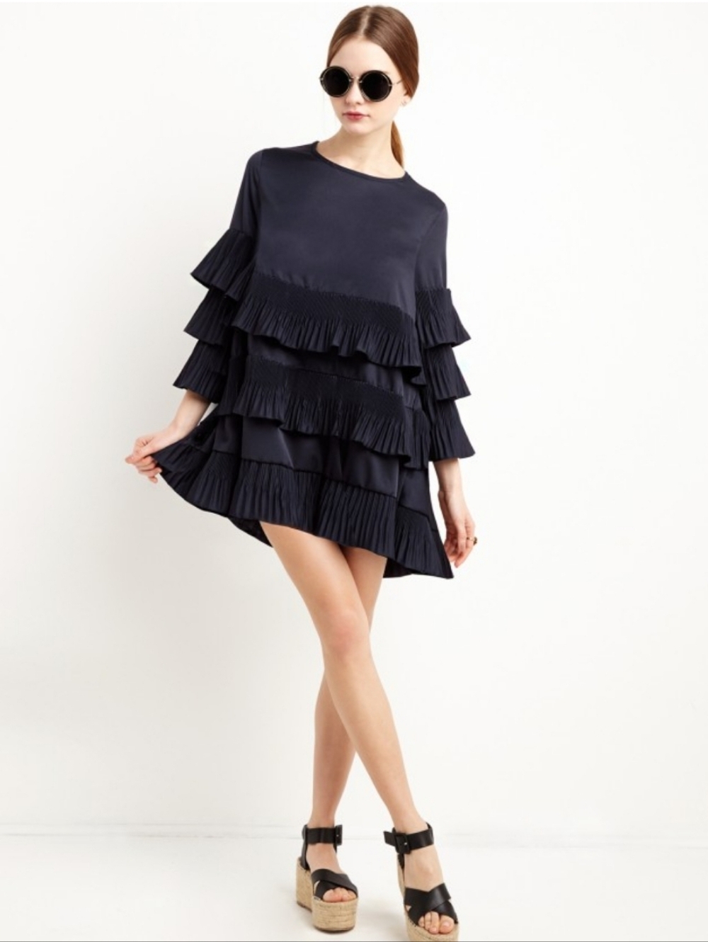 Pixie Market Navy Blue Tiered Ruffle Mini Dress Small